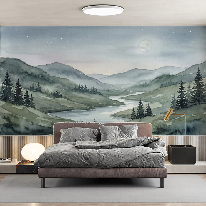 A peaceful bedroom featuring the river landscape mural behind a minimalist wooden bed frame.