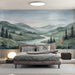 A peaceful bedroom featuring the river landscape mural behind a minimalist wooden bed frame.