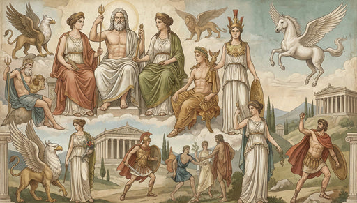 A detailed mural wallpaper featuring Greek gods, goddesses, griffins, and a winged horse set against ancient temples.