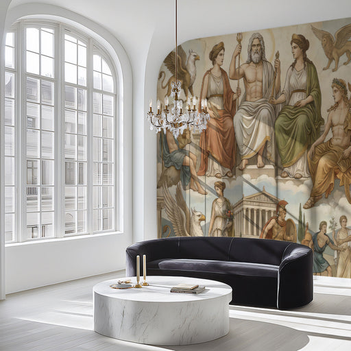 A sophisticated home library featuring the Greek mythology wallpaper on a large focal wall behind a dark wood desk.