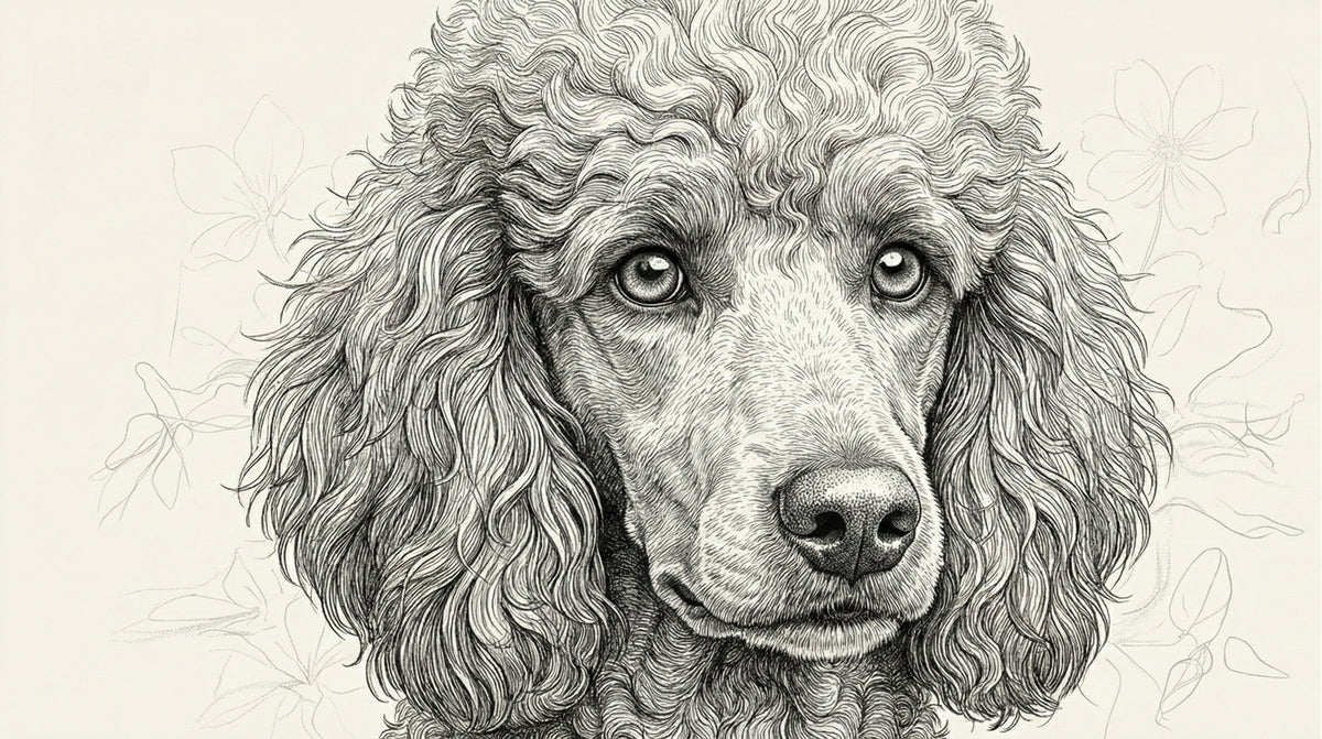 Detailed charcoal line art of a poodle portrait on a soft cream background with subtle floral sketch motifs