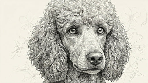 Detailed charcoal line art of a poodle portrait on a soft cream background with subtle floral sketch motifs