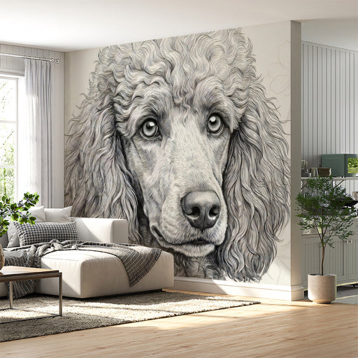 Elegant bedroom wall adorned with the detailed poodle mural, styled with soft neutral linens and minimalist decor