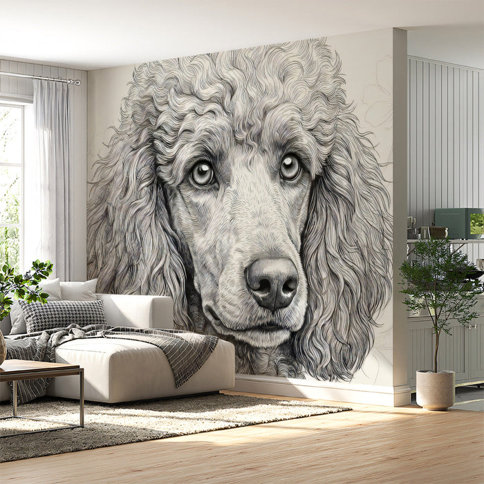 Elegant bedroom wall adorned with the detailed poodle mural, styled with soft neutral linens and minimalist decor