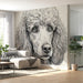 Elegant bedroom wall adorned with the detailed poodle mural, styled with soft neutral linens and minimalist decor