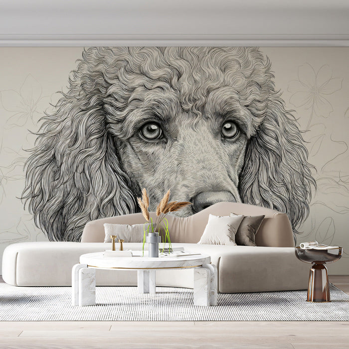 Sophisticated home office featuring the poodle portrait mural as a refined focal point behind a dark wood desk