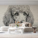 Sophisticated home office featuring the poodle portrait mural as a refined focal point behind a dark wood desk