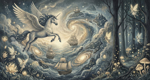 Fantasy mural featuring a winged unicorn, sailing ships in a galaxy, and fairies in a glowing mushroom forest.