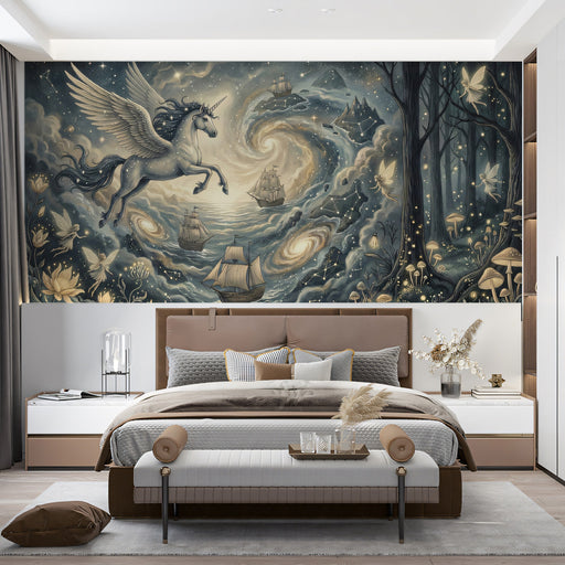 A dreamy bedroom wall featuring a magical Pegasus mural with starlit skies and glowing forest elements.