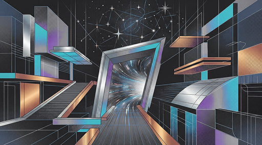 Abstract futuristic mural with charcoal background, neon cyan corridors, and copper geometric architectural elements