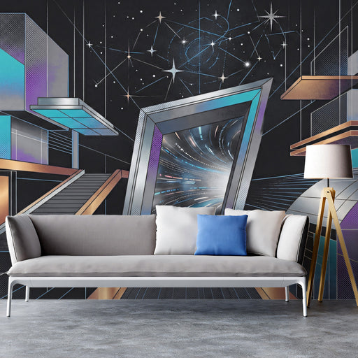 Modern home office with cosmic geometric mural wallpaper as a bold feature wall behind a desk