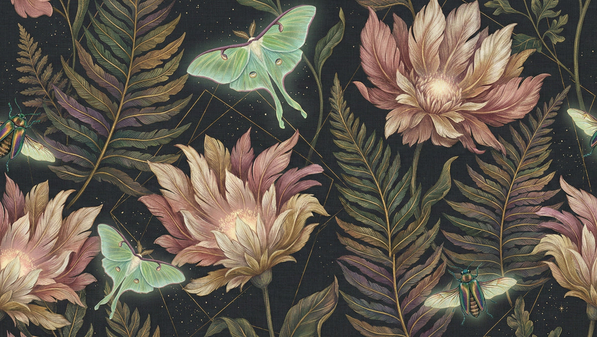 Botanical wallpaper pattern featuring mint luna moths, mauve flowers, and gold geometric lines on a charcoal background