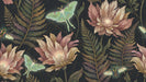 Botanical wallpaper pattern featuring mint luna moths, mauve flowers, and gold geometric lines on a charcoal background