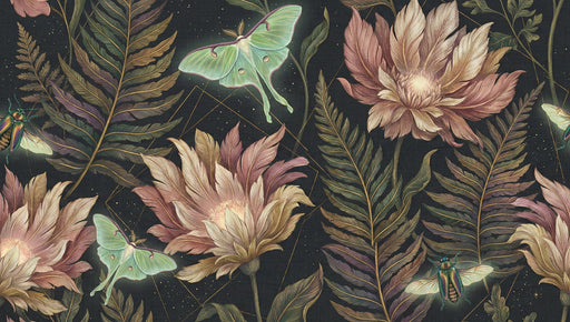 Botanical wallpaper pattern featuring mint luna moths, mauve flowers, and gold geometric lines on a charcoal background
