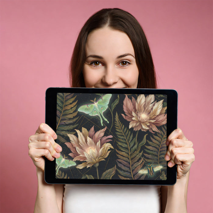 Sophisticated home office with dark botanical wallpaper, mahogany desk, and warm ambient lighting