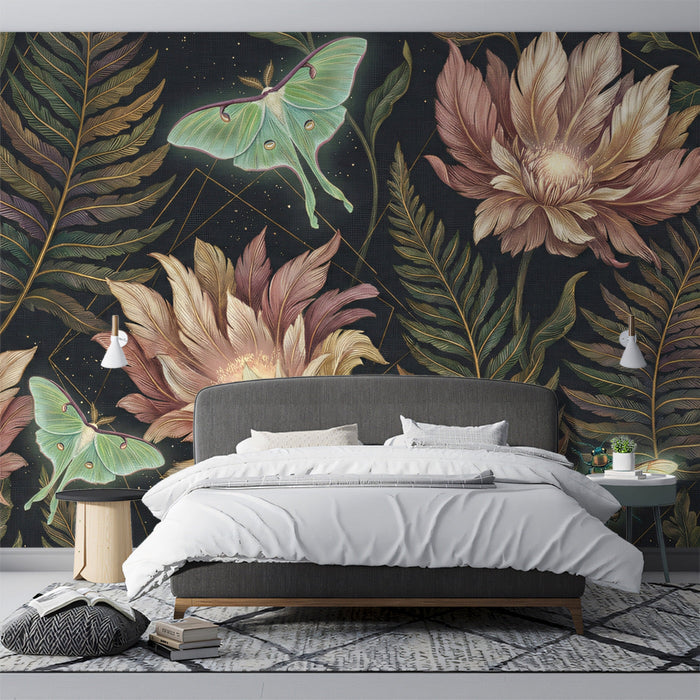 Elegant reading nook with dark academia style floral wall mural and velvet armchair