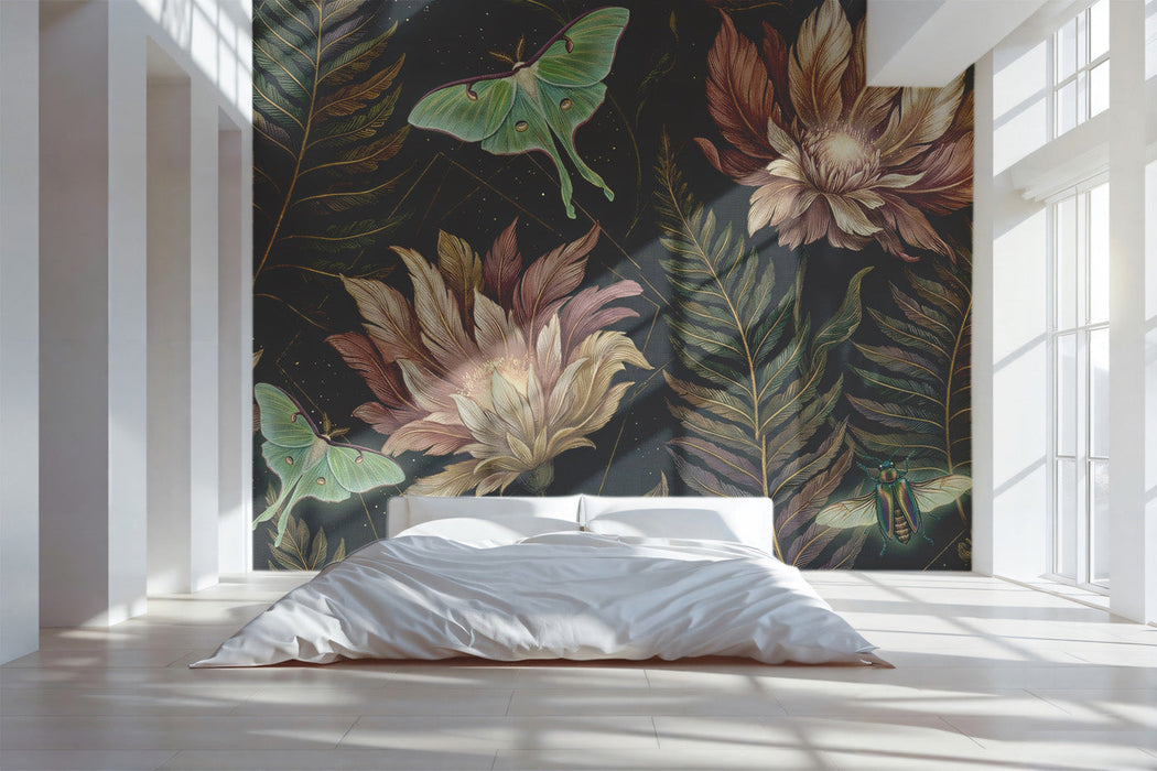 Moody bedroom featuring floral and moth patterned wallpaper as a statement headboard wall