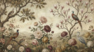 A vintage chinoiserie garden wallpaper featuring pheasants, herons, magnolias, and peonies in soft muted colors.
