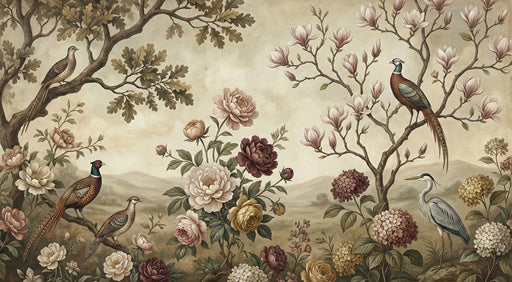 A vintage chinoiserie garden wallpaper featuring pheasants, herons, magnolias, and peonies in soft muted colors.