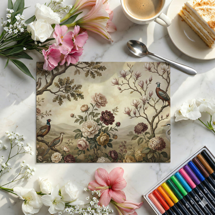 Botanical chinoiserie mural wall covering in a serene bedroom with linen bedding and warm lighting.