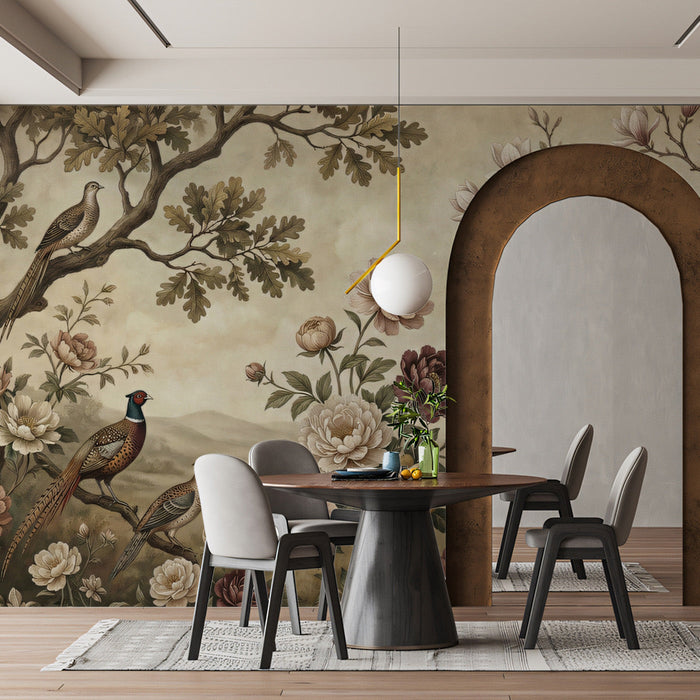 Elegant bird and flower mural decorating a formal dining room with wooden accents.