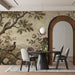 Elegant bird and flower mural decorating a formal dining room with wooden accents.