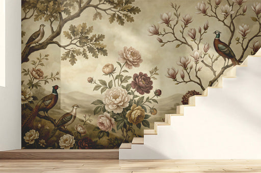 Vintage floral garden mural installed as an accent wall in a refined living room with antique furniture.