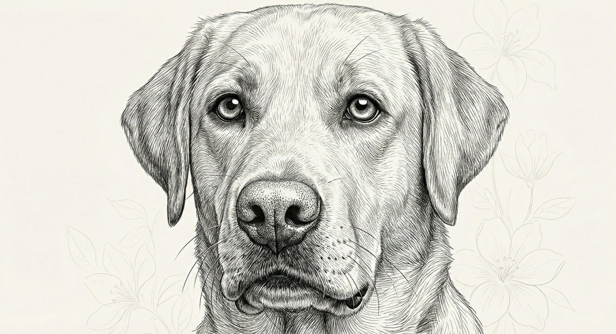 Detailed black and white ink sketch of a Labrador portrait on a warm cream background with faint floral outlines.