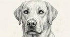 Detailed black and white ink sketch of a Labrador portrait on a warm cream background with faint floral outlines.