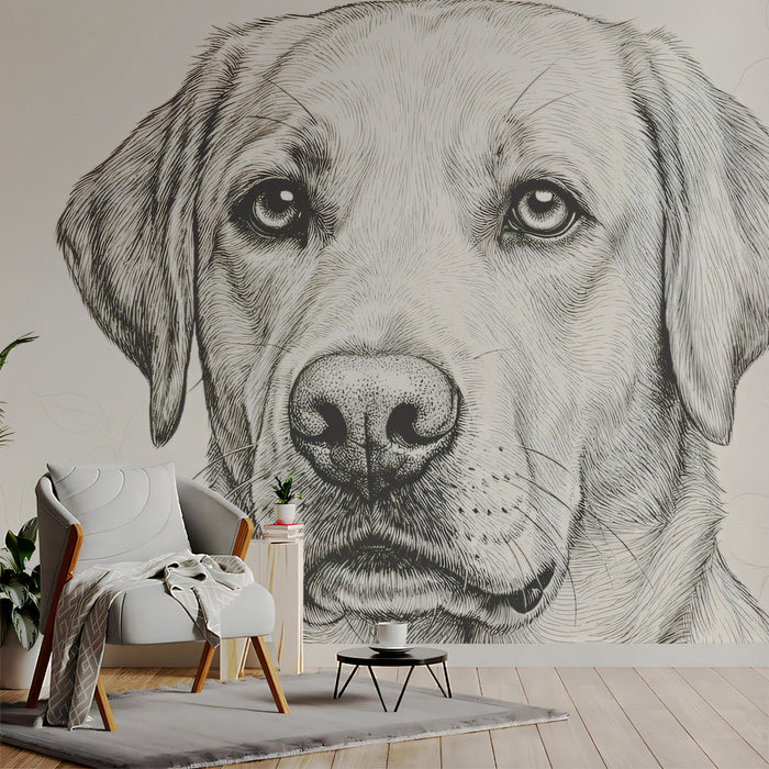 A cozy home office with a Labrador sketch wallpaper on the feature wall, paired with a dark wood desk.