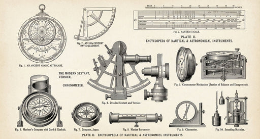 A vintage-style wallpaper pattern featuring detailed charcoal ink technical illustrations of historical maritime instruments like sextants and compasses on aged parchment.