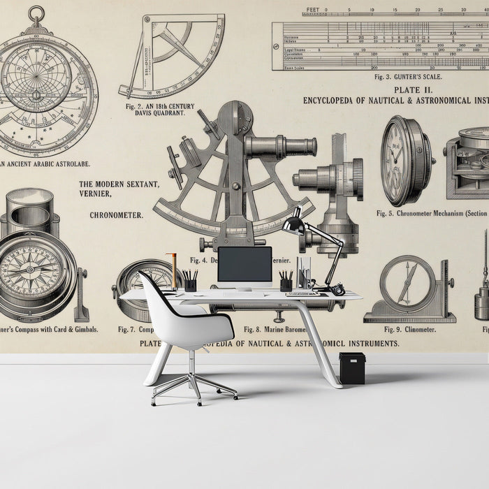 A study room with a large, clean wall mural showing detailed antique navigation tools on a classic aged paper background.