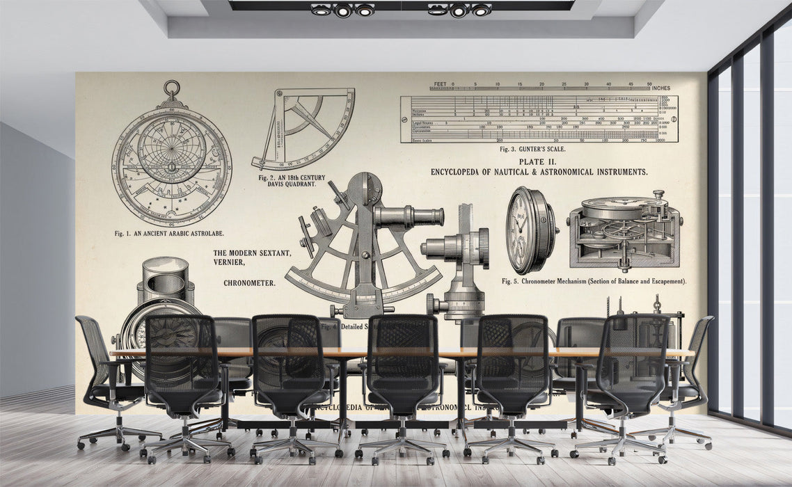 A sophisticated home office featuring a nautical instrument wallpaper mural as a scholarly backdrop behind a mahogany desk.