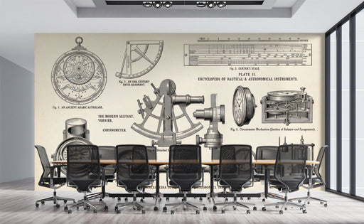 A sophisticated home office featuring a nautical instrument wallpaper mural as a scholarly backdrop behind a mahogany desk.
