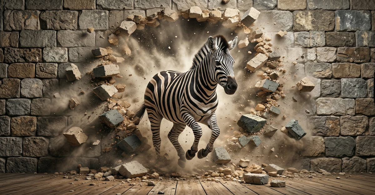 A zebra bursting through a rustic brick wall surrounded by flying stone debris and dust clouds.