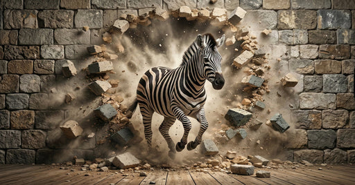 A zebra bursting through a rustic brick wall surrounded by flying stone debris and dust clouds.
