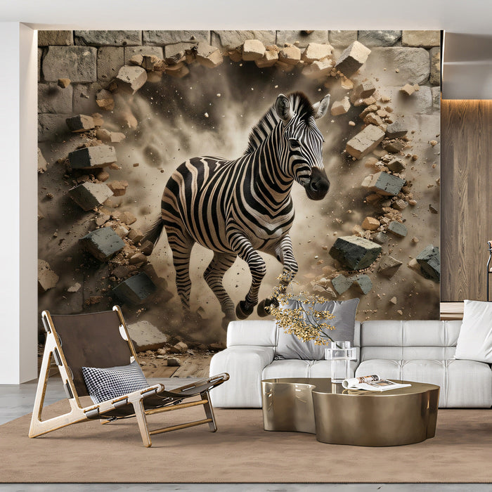 A playful brick wall mural featuring a zebra in a home office or creative studio space.
