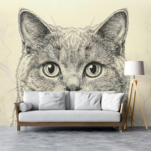 Detailed cat portrait wallpaper featured in a cozy minimalist bedroom