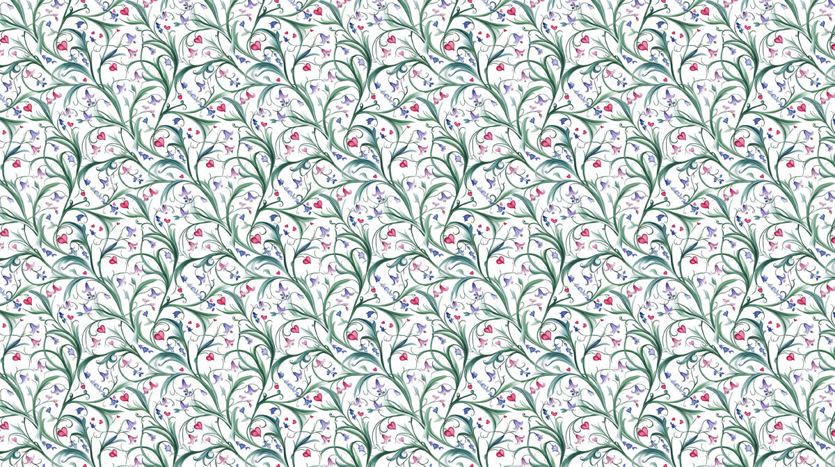 Art Nouveau wallpaper with green vines, lavender bellflowers, and pink heart motifs on a crisp white background