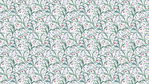 Art Nouveau wallpaper with green vines, lavender bellflowers, and pink heart motifs on a crisp white background