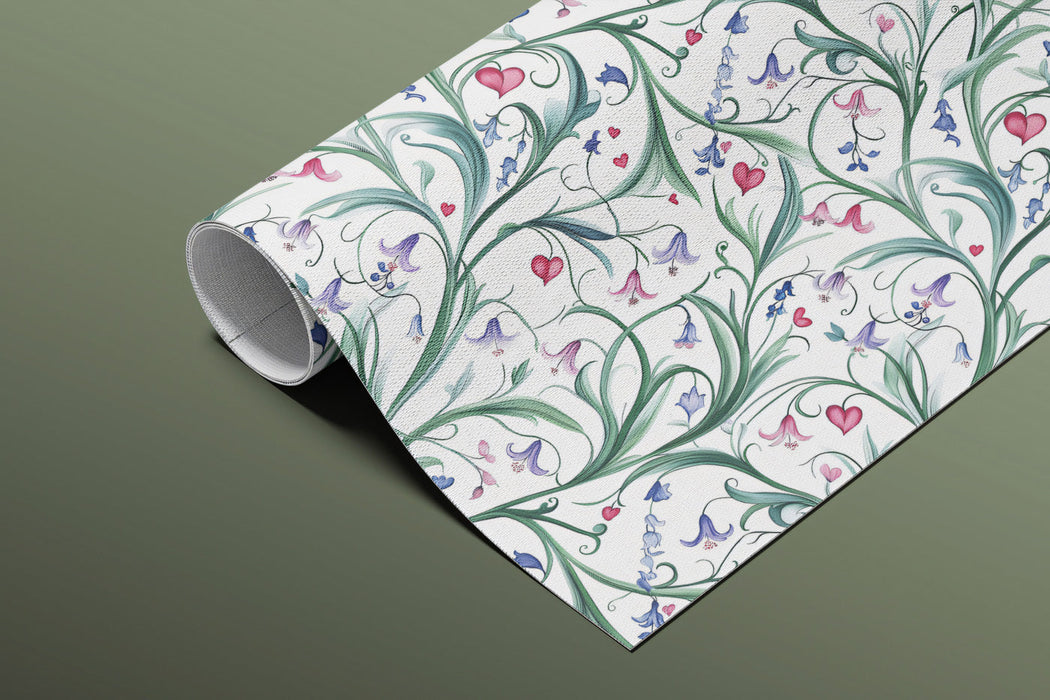 Whimsical botanical wallpaper behind a minimalist white dining table in a modern dining room