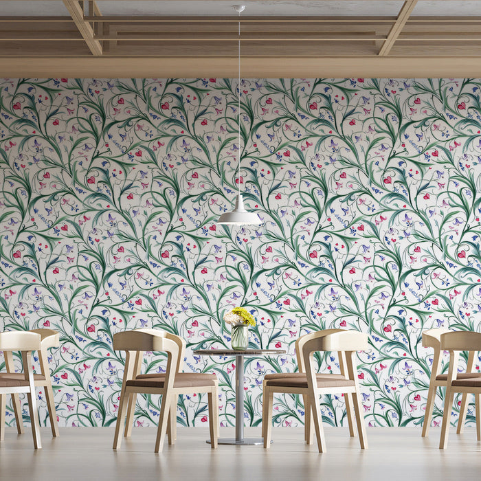 Floral vine mural wallpaper installed in a bright and airy bedroom with wooden furniture