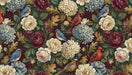Vintage floral wallpaper featuring roses, hydrangeas, bluebirds, and a pheasant on a deep burgundy background