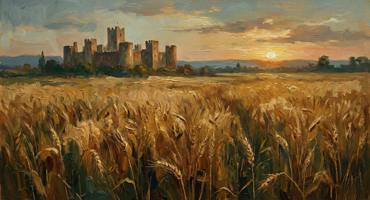 Oil painting style mural of a medieval stone castle silhouetted against a golden sunset over a wheat field