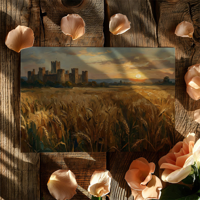Cozy library or study room featuring a historical castle and nature landscape wall mural
