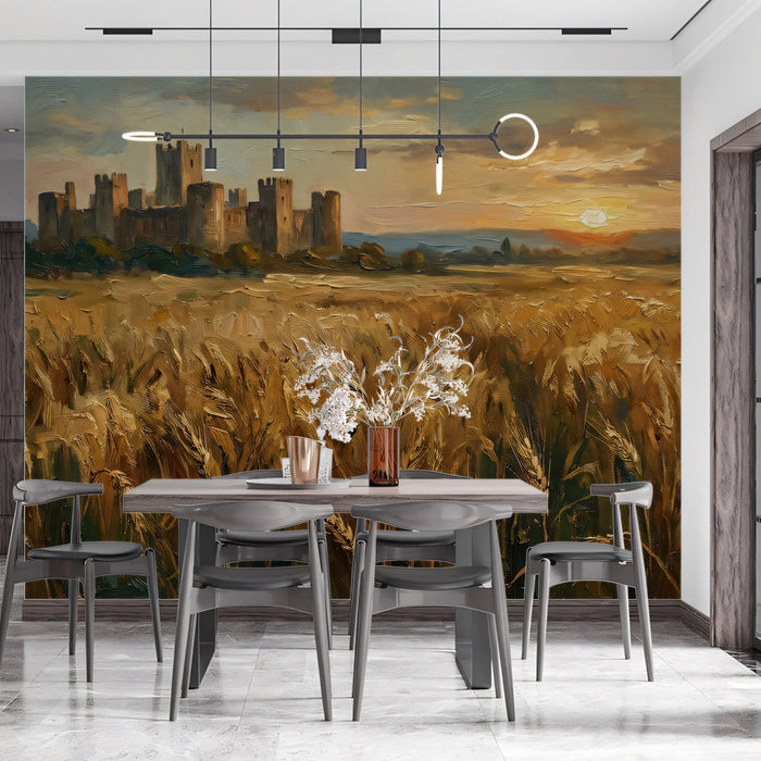 Elegant entryway showing a panoramic sunset field and castle wall mural