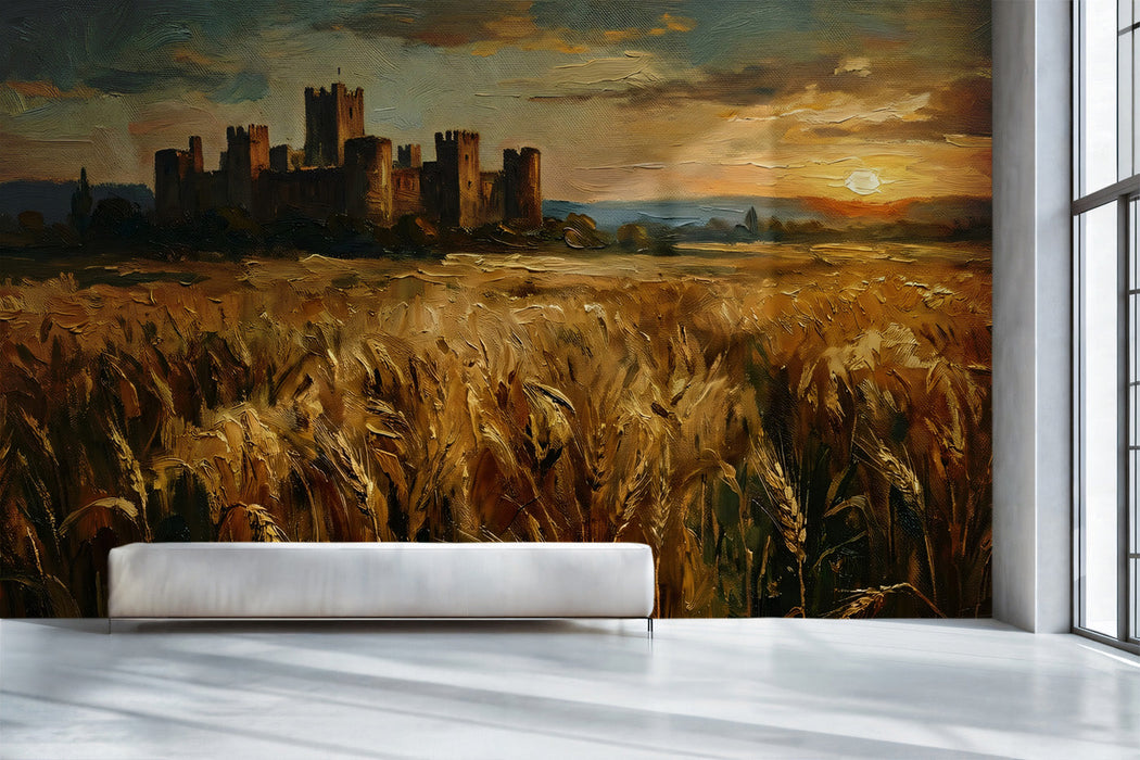 Classic dining room with a sunset landscape mural behind a dark wood table