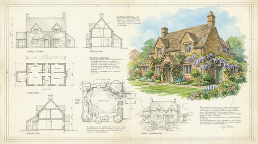 Watercolor architectural blueprint design showing a cottage floor plan, section views, and a detailed garden illustration.