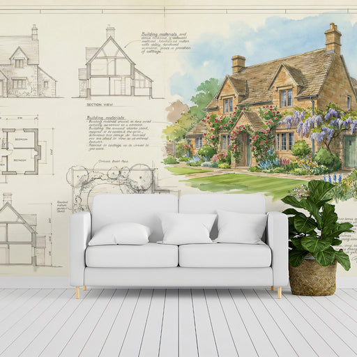 Architectural cottage wallpaper installed in a home office with a wooden desk and cream-colored accents.