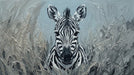 Oil painting style zebra portrait with thick brushstrokes in shades of charcoal, gray, and white